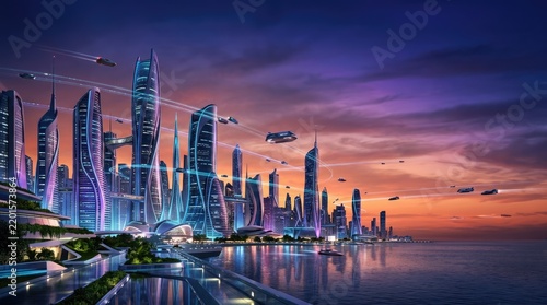 A futuristic cityscape glows with vibrant neon lights against a stunning sunset. Sleek, towering skyscrapers dominate the skyline, connected by elevated walkways and illuminated skyways.