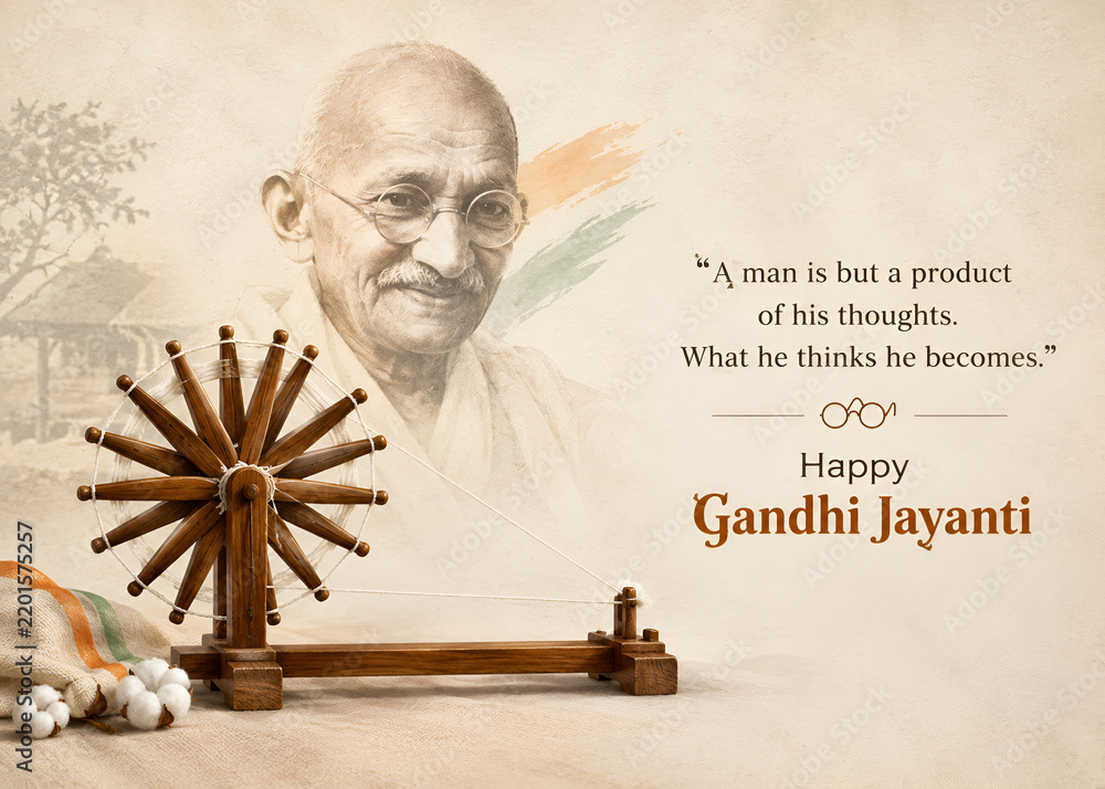 Fototapeta premium Gandhi jayanti celebration concept featuring a spinning wheel charkha and an inspirational quote mahatma gandhi heritage
