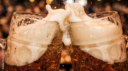 Two clinking cocktail glasses with effervescent bubbles in dim bar lighting