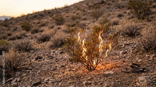 Photorealistic desert scene of a glowing bush burning without being consumed