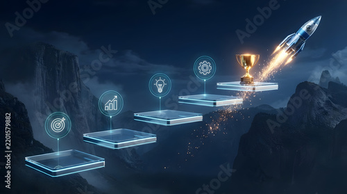 Business success concept with rising steps to a trophy and rocket launch