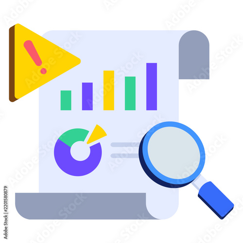 Business reporting with analytics charts, warning indicator and magnifying glass illustration for presenting analytical findings