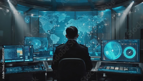Military Analyst Monitoring Global Situation in High-Tech Command Center with Large Screen Displays and Radar Data.
