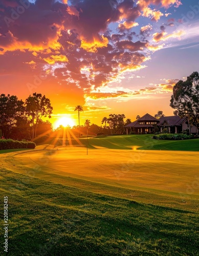 Golf course bathed in golden sunset light with dramatic clouds.