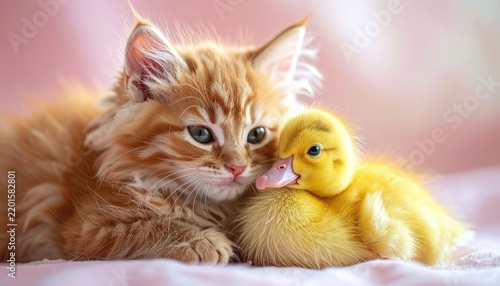 A fluffy orange kitten and a yellow duckling share a tender moment.