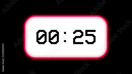 Digital 30 second timer counting down to 00 with pixel font and glowing pink rounded border on a solid black background.