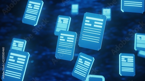 Digital documents floating in abstract blue cyberspace with selective focus and bokeh