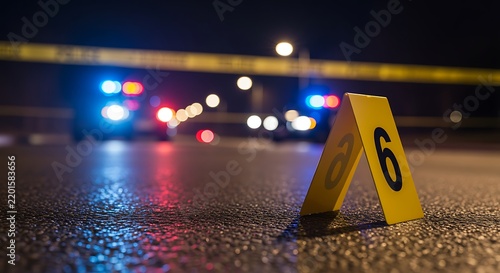 Crime Scene Marker Number 6 on Wet Asphalt with Police Lights at Night
