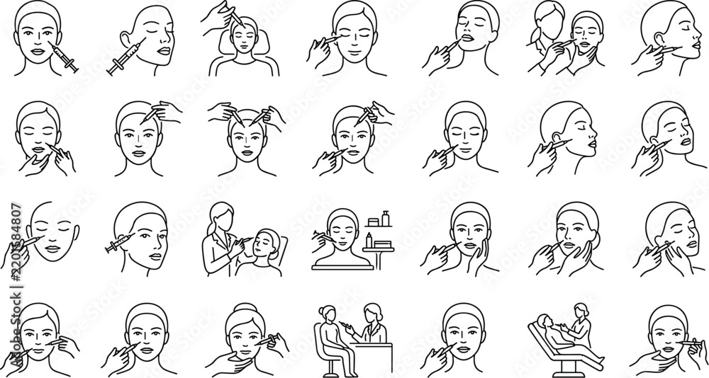 Fototapeta premium Facial Injection Icon Set with Beauty Filler Botox Anti Aging Line ArtFacial Injection Icon Set with Beauty Filler Botox Anti Aging Line Art