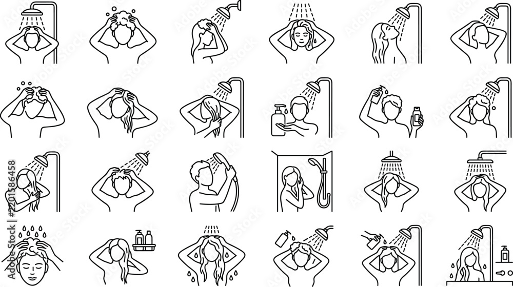 Obraz premium Shower Bathing Icon Set with Hair Washing Shampoo Care Hygiene Line ArtShower Bathing Icon Set with Hair Washing Shampoo Care Hygiene Line Art