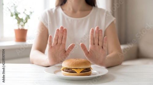 A person with both hands raised in a 'stop' gesture, refusing to eat a cheeseburger on a white plate, symbolizing healthy eating choices or dieting.