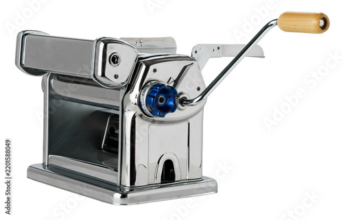 Obraz na plátně Metal pasta maker with a wooden handle and a blue knob for adjusting thickness