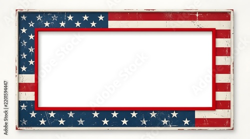 Rectangular decorative frame with weathered red  white  and blue patriotic pattern including stars and stripes surrounding blank interior area