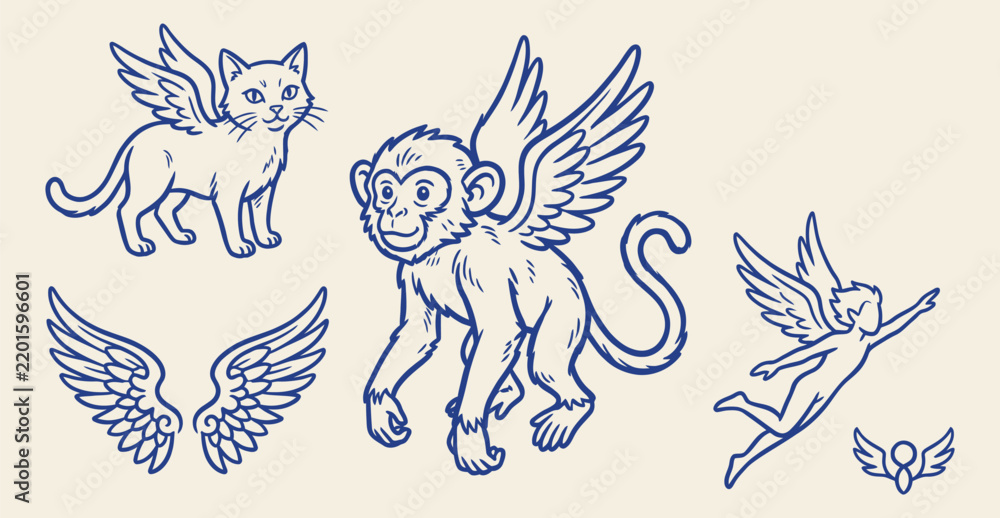Fototapeta premium Mythical winged creatures line art doodle set with flying cat monkey and angel vector illustration