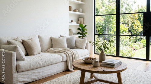 Modern Living Room with Cozy Sofa, Coffee Table, and Garden View