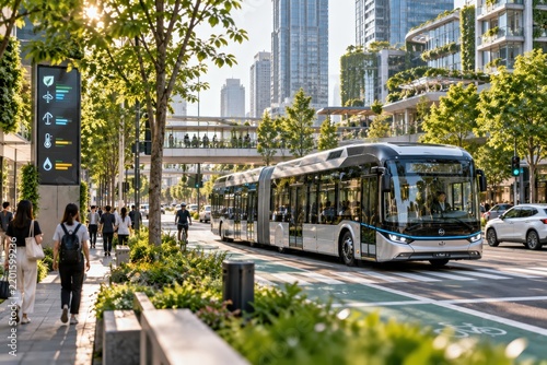 A modern electric bus travels through a green, urban city street with pedestrians, cyclists, and high-rise buildings in the background on a sunny day.