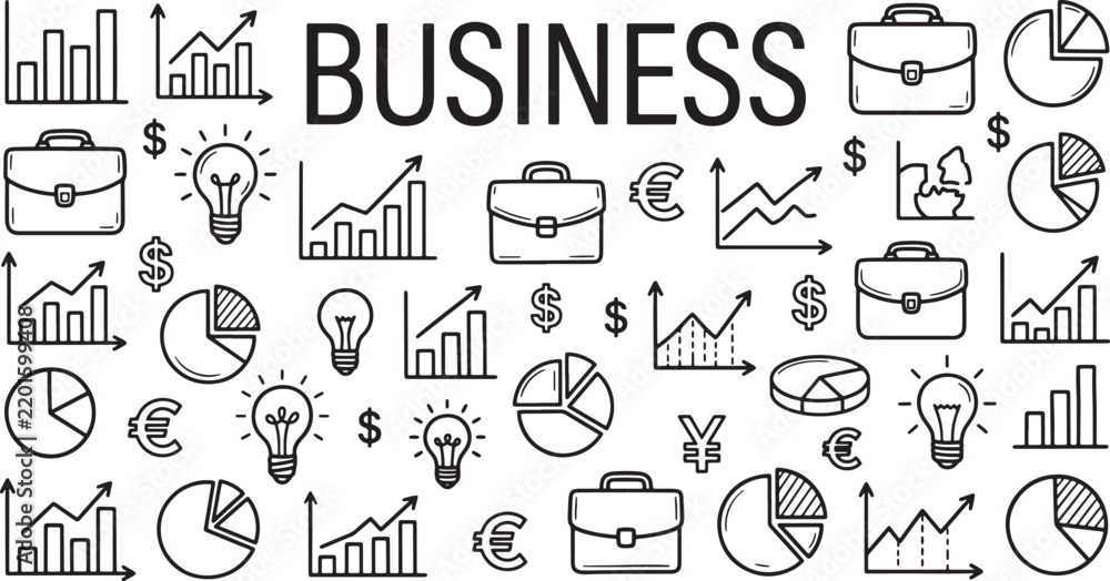 Fototapeta premium Business finance icons set of graphs and briefcases isolated on transparent background vector design