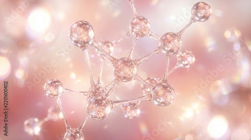 Abstract pink molecular structure with interconnected transparent spheres and thin lines.