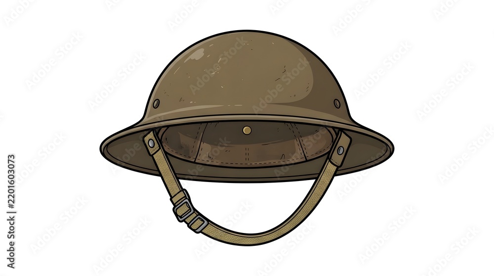 Obraz premium Vector illustration of a classic olive green military helmet with a chin strap, featuring a retro design suitable for history or army themes