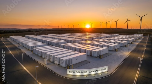 Large scale battery energy storage system facility with wind turbines at sunset