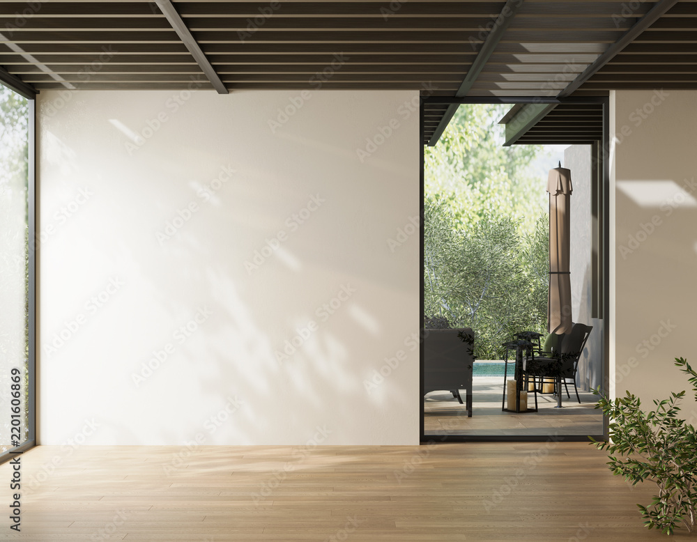 Obraz premium Blank wall mockup empty room interior modern minimalist architecture patio view sunlight shadow