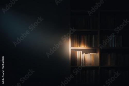 Dimly lit bookshelf with one glowing book emitting warm light for mysterious reading background and poster