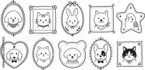 Animal portraits in decorative frames black and white vector illustration