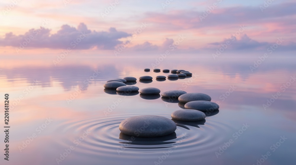 Obraz premium Serene stones arranged in a gentle curve across calm water with pastel sunset hues.