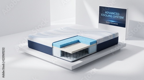 Advanced Cooling System Mattress: A cross-section of a modern mattress reveals its innovative layers, including pocketed coils and foam, designed for superior comfort and an advanced cooling system.