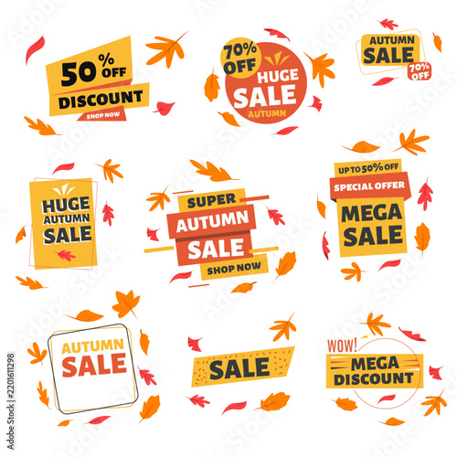 Vector illustration of orange autumn sale badges. Discount promotion design combines bold marketing style with seasonal autumn theme for business and commerce use.