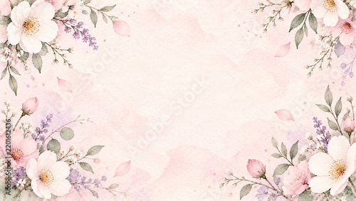 Watercolor floral background with soft pink flowers, leaves, and lavender sprigs, elegant botanical frame design for wedding invitations