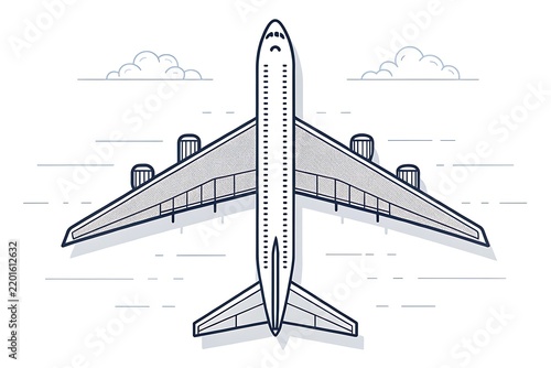 Top view illustration of a large passenger jet in flight