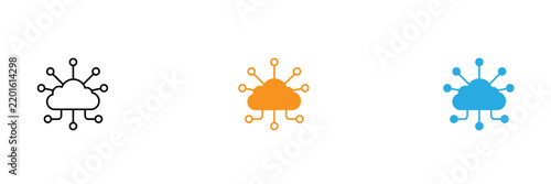 Cloud network connection icons in line orange and filled blue styles