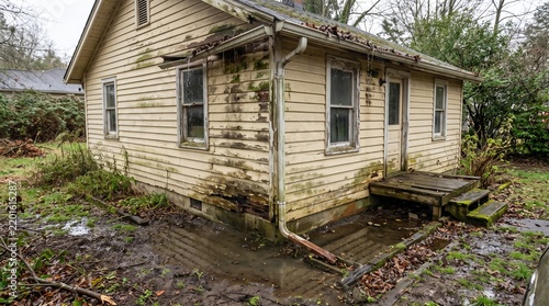 Dilapidated yellow wooden house exterior showing signs of water damage