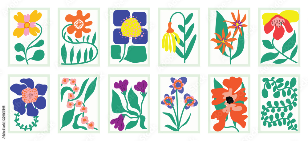 Obraz premium Colorful floral vector poster collection with bold retro flowers, botanical leaves and playful mid century inspired garden illustrations