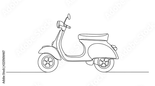 Minimalist outline drawing of vintage motor scooter with a simple black outline illustration of a classic