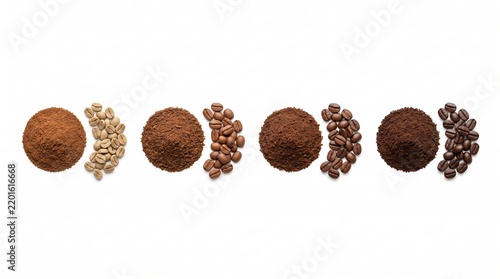 Coffee Beans and Ground Coffee Showing Roast Levels