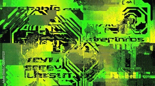 Neon green glitch digital art background with abstract tech patterns.