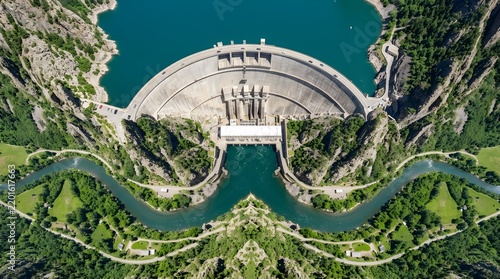 Aerial view of a large concrete dam holding back a reservoir in a lush green mountain valley