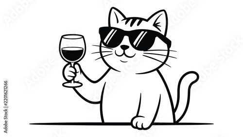 Cute cartoon cat wearing sunglasses and holding a glass of red wine on a white background