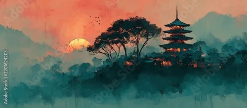 Panel kuchenny z motywem Stylized digital painting depicting a Japanese temple at sunset. Mountainous landscape, trees, and birds