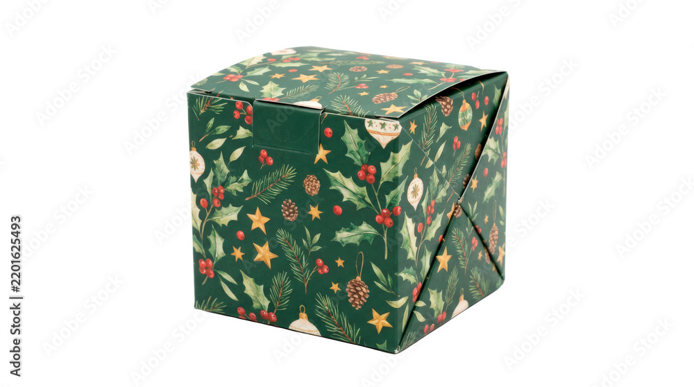 Obraz premium Christmas favor box with a compact folded paperboard body, secure integrated closure, festive decorative pattern without lettering, crisp edges, and elegant seasonal gift-packaging design.