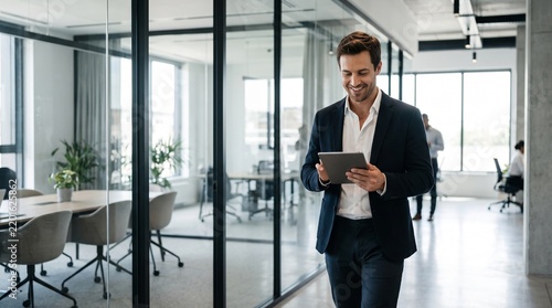 Young Smiling Businessman Holding Digital Tablet in Modern Office Corridor