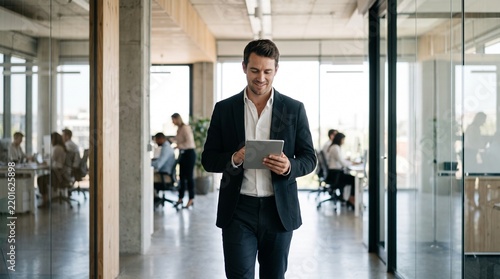 Young Smiling Businessman Holding Digital Tablet in Modern Office Corridor