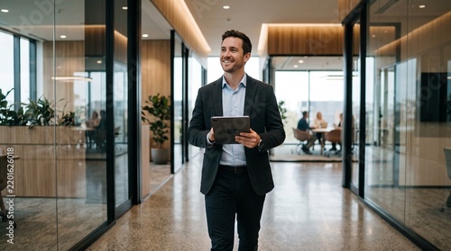 Young Smiling Businessman Holding Digital Tablet in Modern Office Corridor