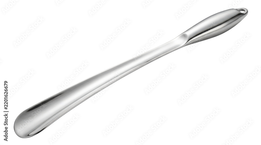 Fototapeta premium Classic shoe horn with a long slim curved body, smooth polished surface, rounded handle and gently scooped end designed for easily slipping footwear onto the foot. Photorealistic product photography,