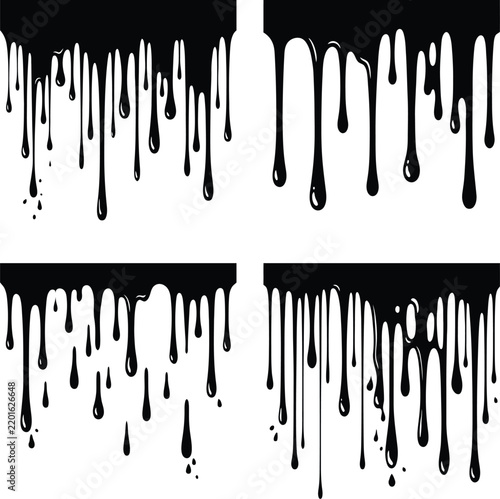 Black dripping paint vector graphic set featuring multiple liquid flow shapes for creative digital design projects