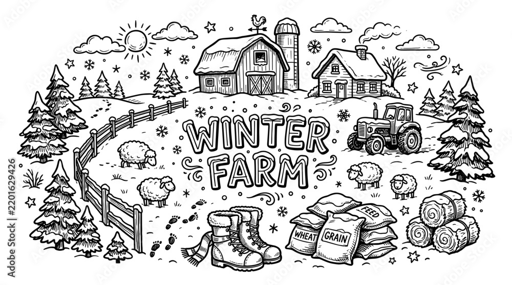 Fototapeta premium Winter Farm Hand-Drawn Illustration