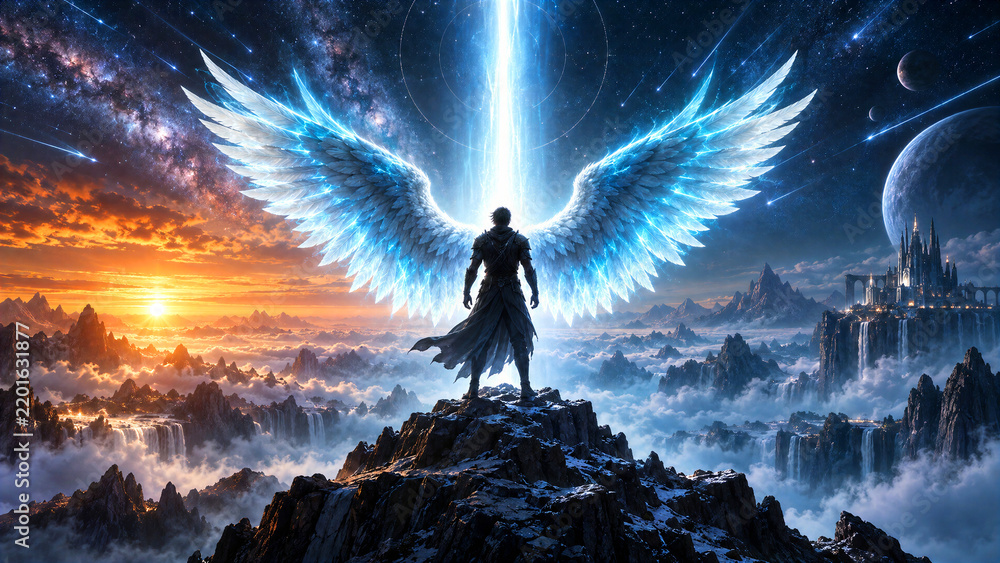 Fototapeta premium Winged figure standing on a mountain peak in a fantasy landscape