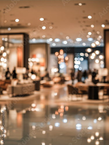 Blurred luxury interior showroom with warm bokeh lights, glossy floor reflections and elegant furnishings for upscale retail, hospitality advertising and commercial backgrounds